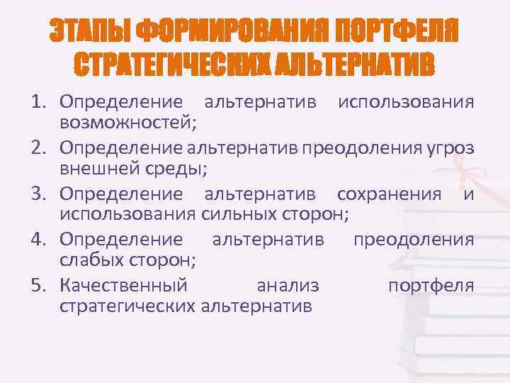 ЭТАПЫ ФОРМИРОВАНИЯ ПОРТФЕЛЯ СТРАТЕГИЧЕСКИХ АЛЬТЕРНАТИВ 1. Определение альтернатив использования возможностей; 2. Определение альтернатив преодоления