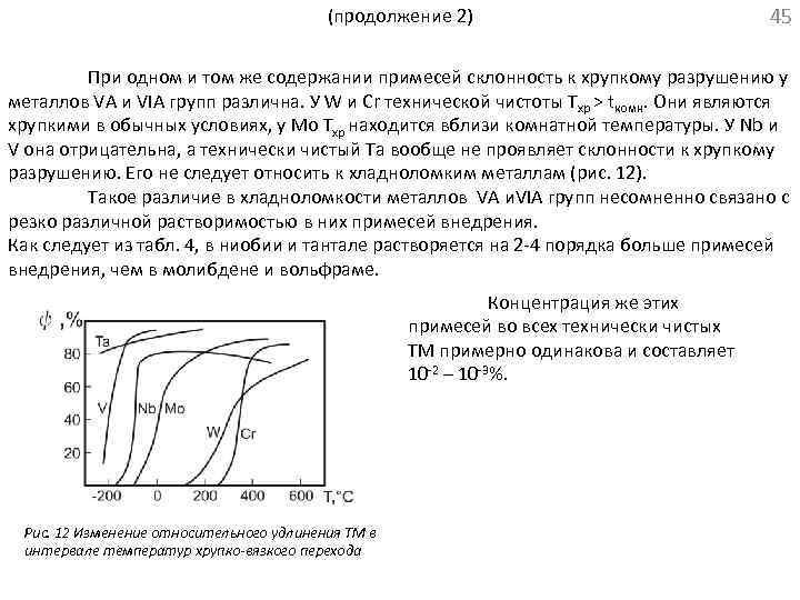(продолжение 2) 45 При одном и том же содержании примесей склонность к хрупкому разрушению