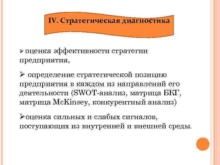 IV. Стратегическая диагностика Ø оценка эффективности стратегии предприятия, Ø определение стратегической позицию предприятия в