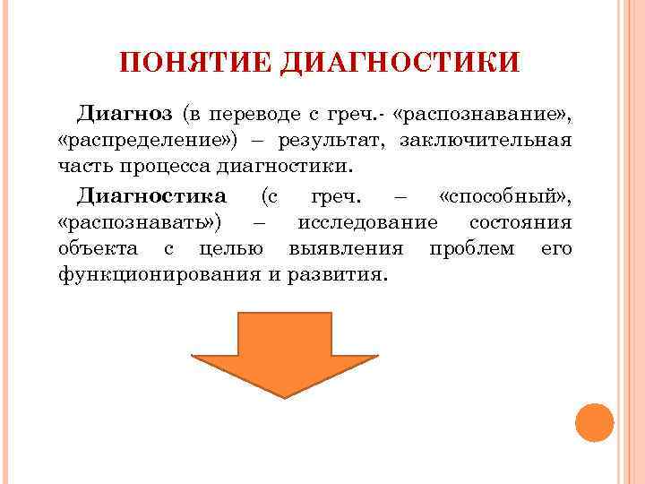 ПОНЯТИЕ ДИАГНОСТИКИ Диагноз (в переводе с греч. - «распознавание» , «распределение» ) – результат,