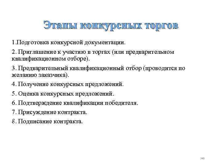 Этапы конкурсных торгов 1. Подготовка конкурсной документации. 2. Приглашение к участию в торгах (или