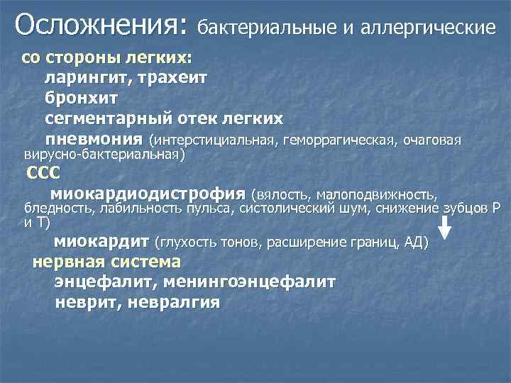 Осложнения: бактериальные и аллергические со стороны легких: ларингит, трахеит бронхит сегментарный отек легких пневмония