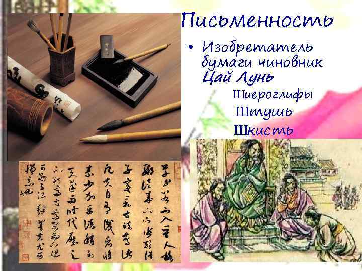 Письменность • Изобретатель бумаги чиновник Цай Лунь Шиероглифы Штушь Шкисть 
