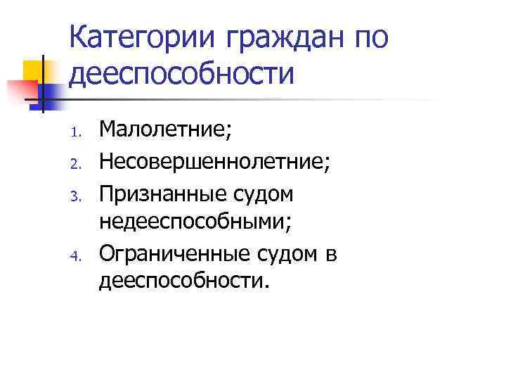 Категории граждан по дееспособности 1. 2. 3. 4. Малолетние; Несовершеннолетние; Признанные судом недееспособными; Ограниченные