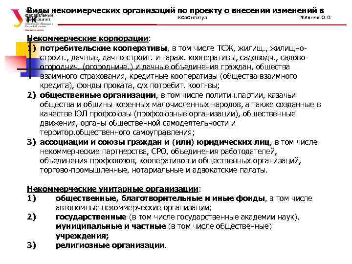 Виды некоммерческих организаций по проекту о внесении изменений в Колонтитул Жевняк О. В. ГК