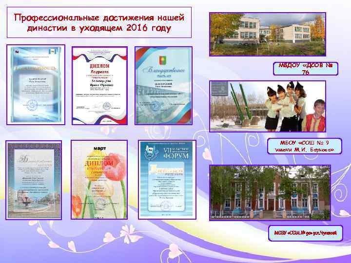 Профессиональные достижения нашей династии в уходящем 2016 году МБДОУ «ДСОВ № 76 МБОУ «СОШ