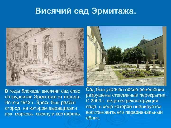Висячий сад Эрмитажа. В годы блокады висячий сад спас сотрудников Эрмитажа от голода. Летом