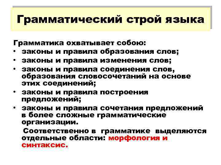 Грамматический строй языка Грамматика охватывает собою: • законы и правила образования слов; • законы