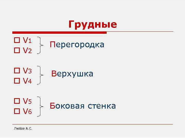 Грудные o V 1 o V 2 Перегородка o V 3 o V 4