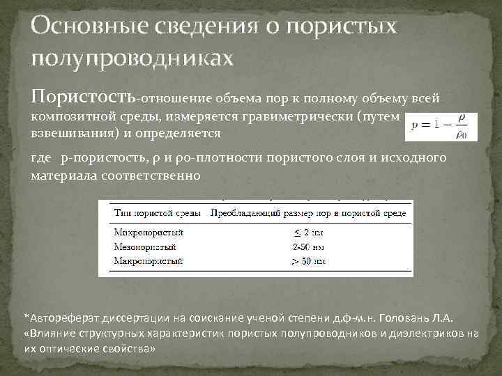 Основные сведения о пористых полупроводниках Пористость-отношение объема пор к полному объему всей композитной среды,