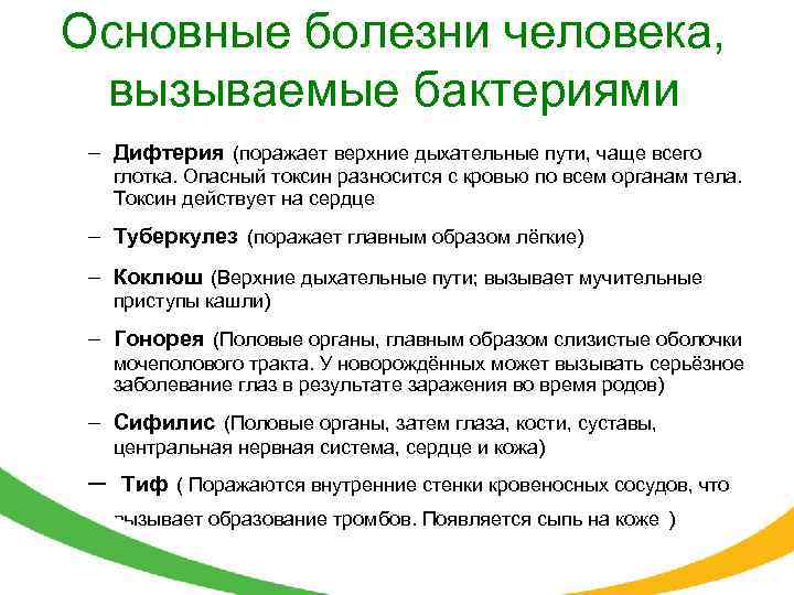 Основные болезни человека, вызываемые бактериями – Дифтерия (поражает верхние дыхательные пути, чаще всего глотка.