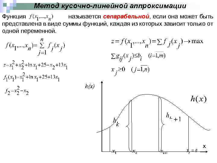 Метод кусочно-линейной аппроксимации Функция называется сепарабельной, если она может быть представлена в виде суммы