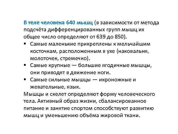 В теле человека 640 мышц (в зависимости от метода подсчёта дифференцированных групп мышц их