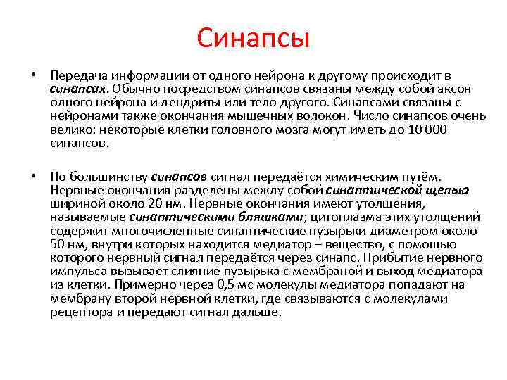 Синапсы • Передача информации от одного нейрона к другому происходит в синапсах. Обычно посредством