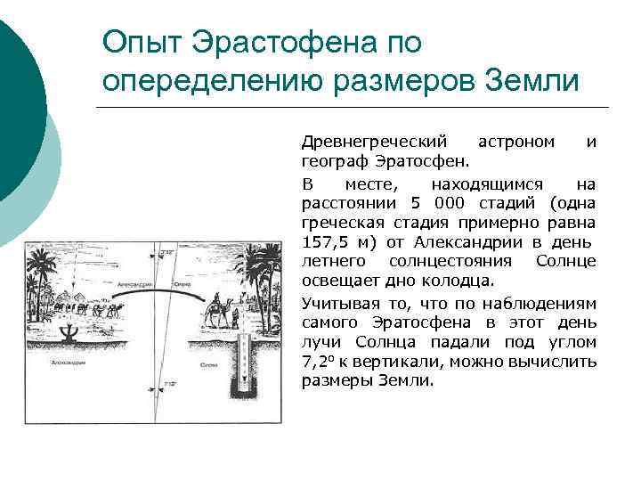 Опыт Эрастофена по опеределению размеров Земли Древнегреческий астроном и географ Эратосфен. В месте, находящимся