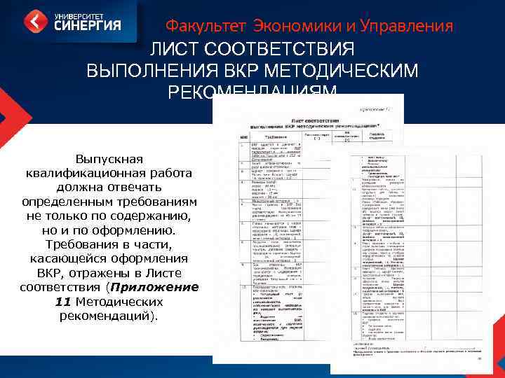 Факультет Экономики и Управления ЛИСТ СООТВЕТСТВИЯ ВЫПОЛНЕНИЯ ВКР МЕТОДИЧЕСКИМ РЕКОМЕНДАЦИЯМ Выпускная квалификационная работа должна