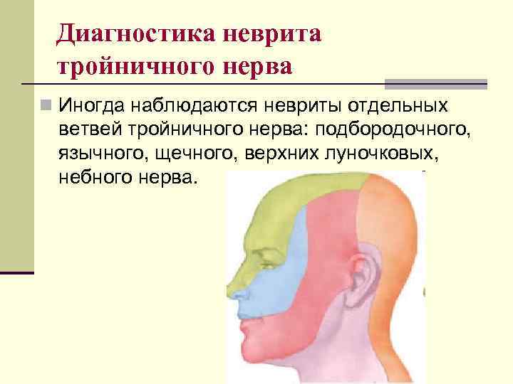 Диагностика неврита тройничного нерва n Иногда наблюдаются невриты отдельных ветвей тройничного нерва: подбородочного, язычного,