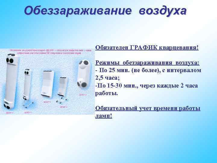 Обеззараживание воздуха Обязателен ГРАФИК кварцевания! Режимы обеззараживания воздуха: - По 25 мин. (не более),