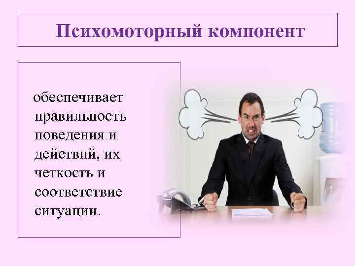 Психомоторный компонент обеспечивает правильность поведения и действий, их четкость и соответствие ситуации. 