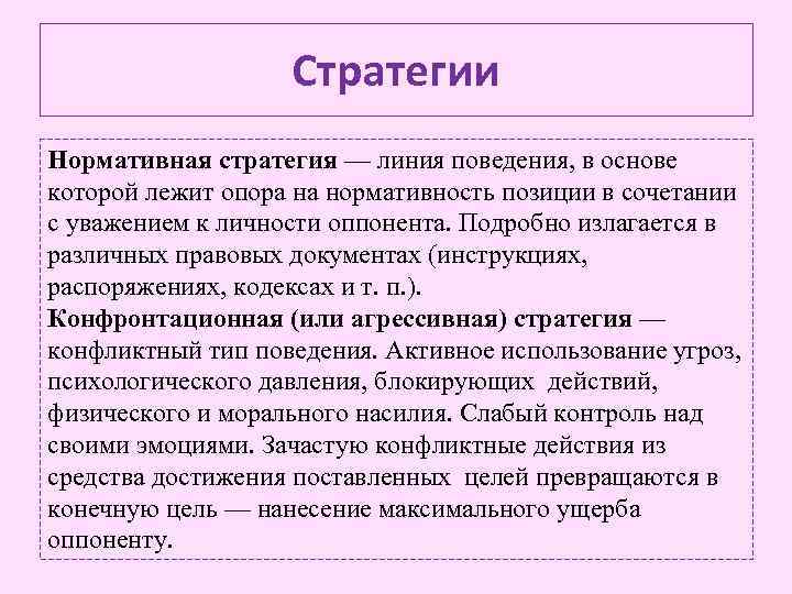 Стратегии Нормативная стратегия — линия поведения, в основе которой лежит опора на нормативность позиции