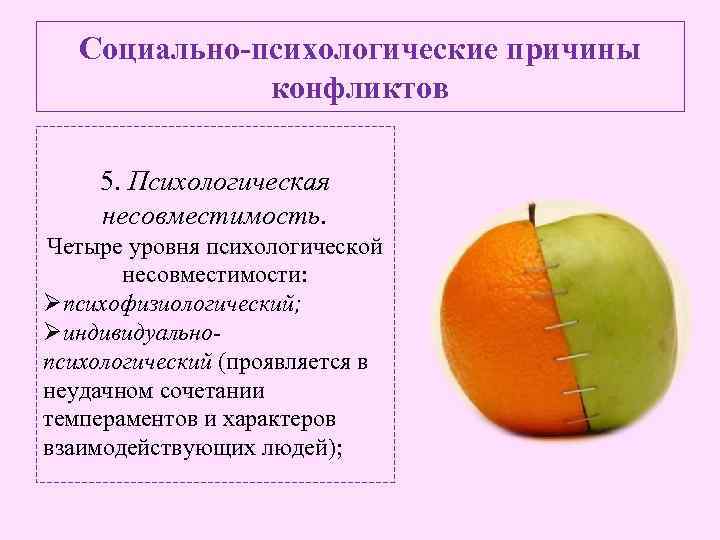 Социально-психологические причины конфликтов 5. Психологическая несовместимость. Четыре уровня психологической несовместимости: Øпсихофизиологический; Øиндивидуальнопсихологический (проявляется в