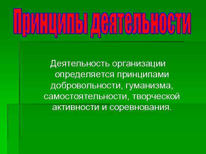 Деятельность организации определяется принципами добровольности, гуманизма, самостоятельности, творческой активности и соревнования. 