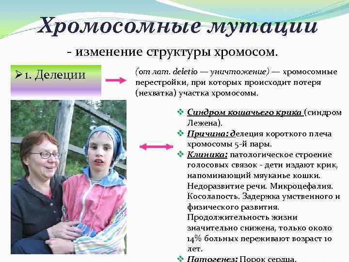 Хромосомные мутации - изменение структуры хромосом. (от лат. deletio — уничтожение) — хромосомные перестройки,