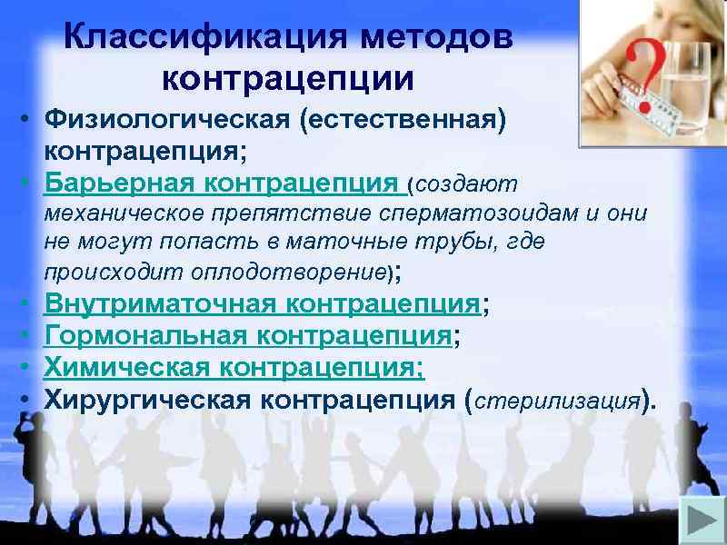 Классификация методов контрацепции • Физиологическая (естественная) контрацепция; • Барьерная контрацепция (создают механическое препятствие сперматозоидам