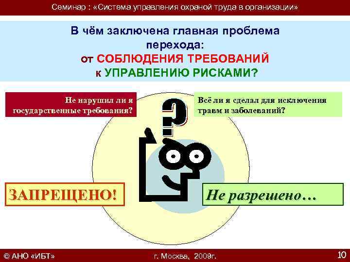 Семинар : «Система управления охраной труда в организации» В чём заключена главная проблема перехода: