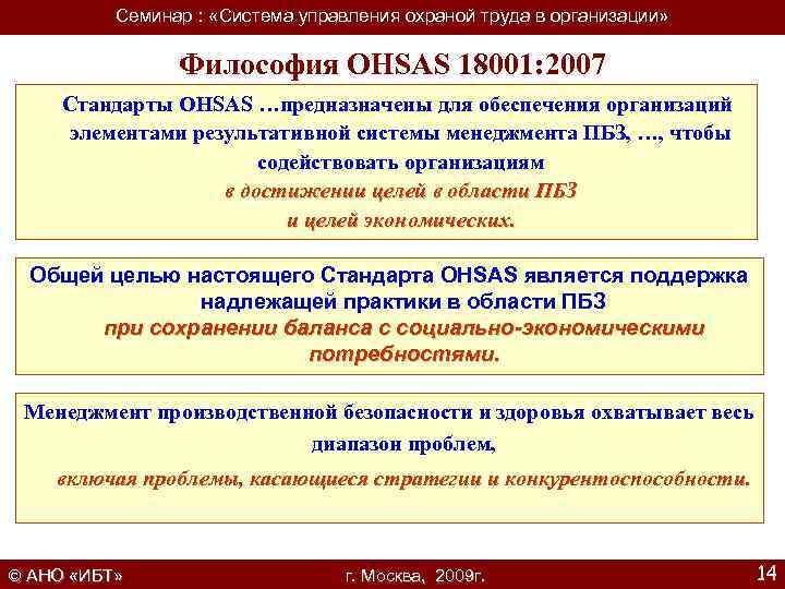 Семинар : «Система управления охраной труда в организации» Философия OHSAS 18001: 2007 Стандарты OHSAS