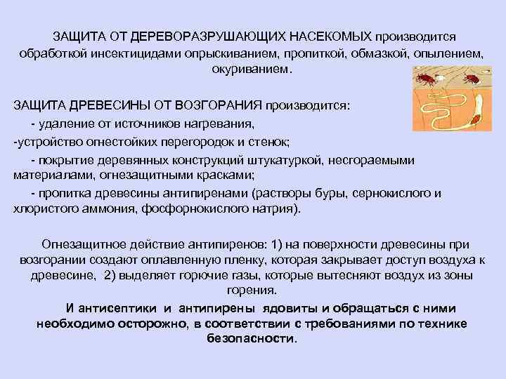 ЗАЩИТА ОТ ДЕРЕВОРАЗРУШАЮЩИХ НАСЕКОМЫХ производится обработкой инсектицидами опрыскиванием, пропиткой, обмазкой, опылением, окуриванием. ЗАЩИТА ДРЕВЕСИНЫ