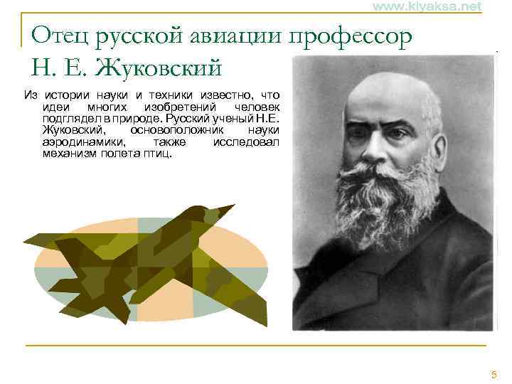 Отец русской авиации профессор Н. Е. Жуковский Из истории науки и техники известно, что