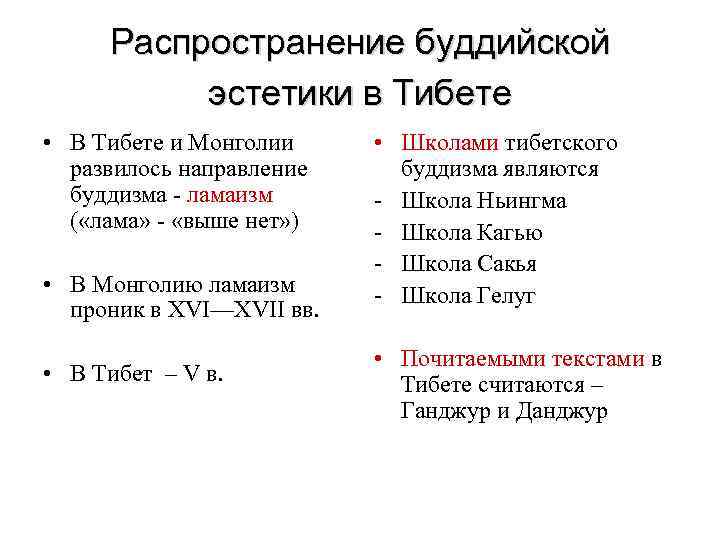  Распространение буддийской эстетики в Тибете • В Тибете и Монголии • Школами тибетского