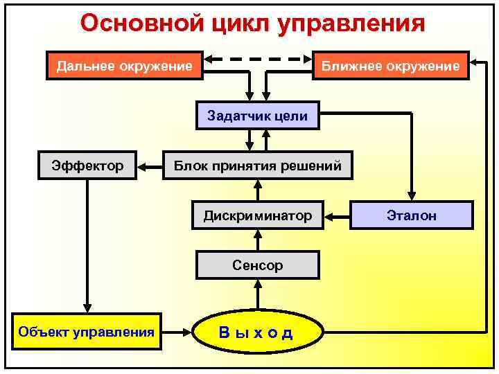 Основной цикл управления Дальнее окружение Ближнее окружение Задатчик цели Эффектор Блок принятия решений Дискриминатор