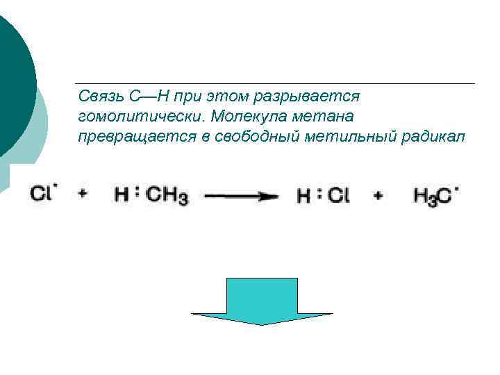 Связь С—Н при этом разрывается гомолитически. Молекула метана превращается в свободный метильный радикал 