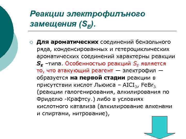 Реакции электрофилъного замещения (SE). ¡ Для ароматических соединений бензольного ряда, конденсированных и гетероциклических ароматических