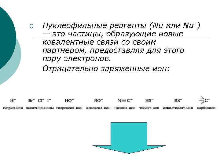 ¡ Нуклеофильные реагенты (Nu или Nu–) — это частицы, образующие новые ковалентные связи со
