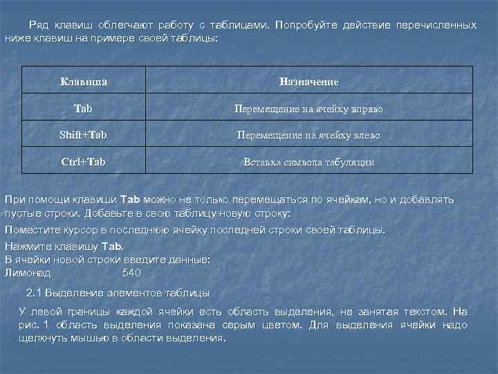 Ряд клавиш облегчают работу с таблицами. Попробуйте действие перечисленных ниже клавиш на примере своей