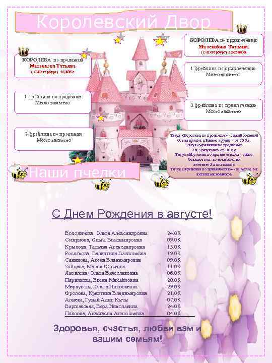 Королевский Двор КОРОЛЕВА по привлечению Матенкова Татьяна (С-Петербург) 3 новичка КОРОЛЕВА по продажам Матенкова