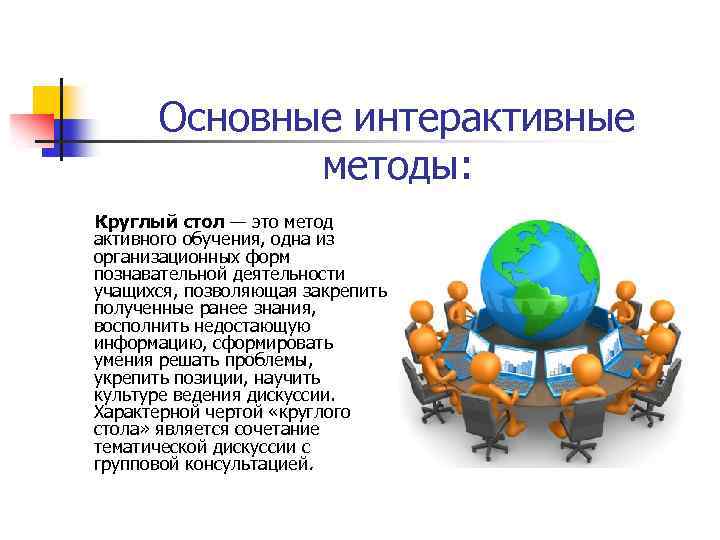 Основные интерактивные методы: Круглый стол — это метод активного обучения, одна из организационных форм
