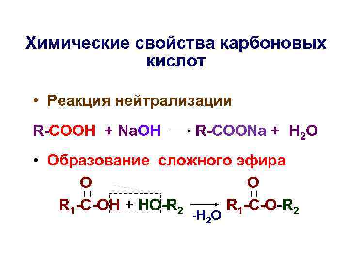 Химические свойства карбоновых киcлот • Реакция нейтрализации R-COOH + Na. OH R-COONa + H
