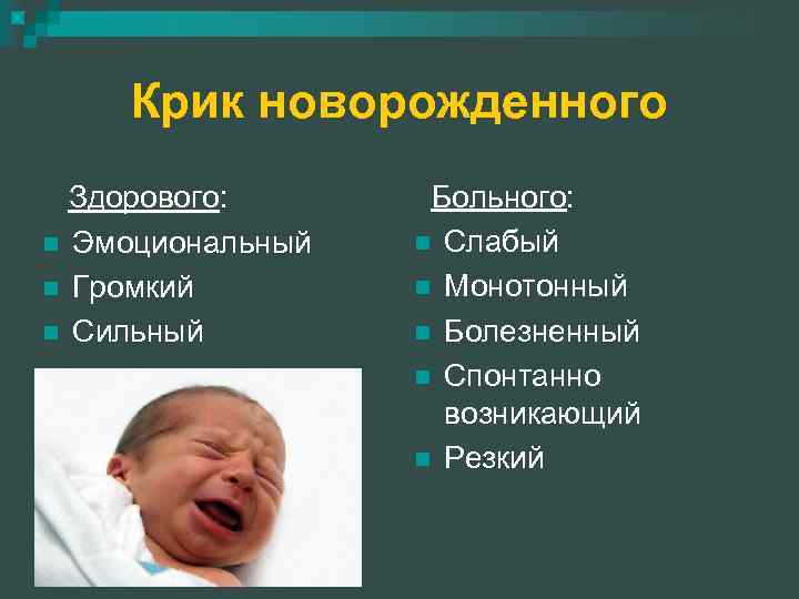 Крик новорожденного Здорового: n Эмоциональный n Громкий n Сильный Больного: n Слабый n Монотонный