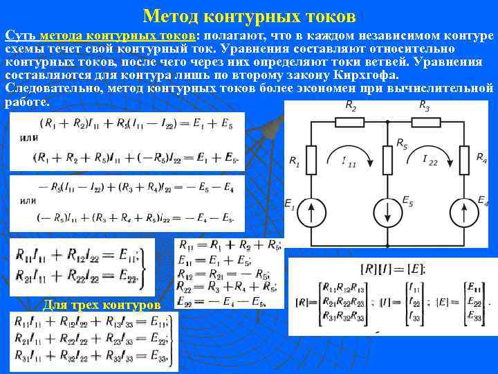 Метод контурных токов Суть метода контурных токов: полагают, что в каждом независимом контуре метода