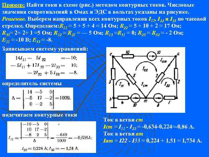 Пример: Найти токи в схеме (рис. ) методом контурных токов. Числовые Пример: значения сопротивлений