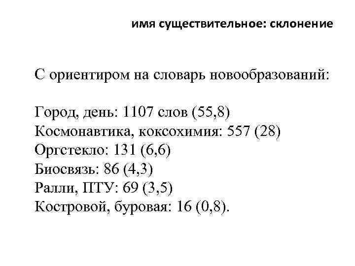 имя существительное: склонение С ориентиром на словарь новообразований: Город, день: 1107 слов (55, 8)
