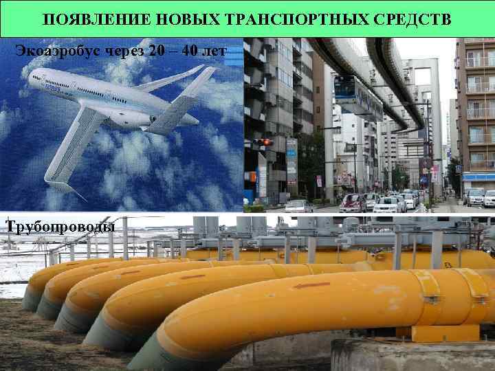 ПОЯВЛЕНИЕ НОВЫХ ТРАНСПОРТНЫХ СРЕДСТВ Экоаэробус через 20 – 40 лет Трубопроводы 