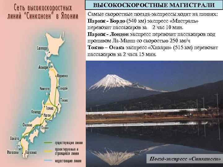 ВЫСОКОСКОРОСТНЫЕ МАГИСТРАЛИ Самые скоростные поезда-экспрессы ходят на линиях: Париж - Бордо (540 км) экспресс