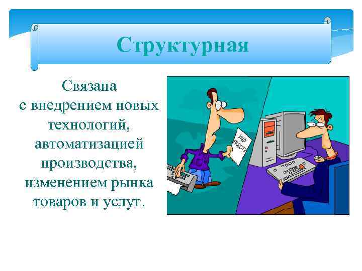 Структурная Связана с внедрением новых технологий, автоматизацией производства, изменением рынка товаров и услуг. 
