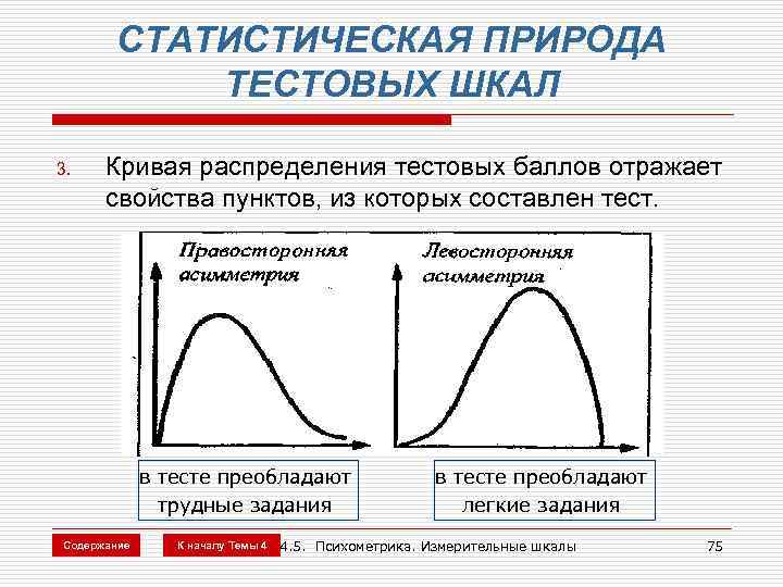 СТАТИСТИЧЕСКАЯ ПРИРОДА ТЕСТОВЫХ ШКАЛ 3. Кривая распределения тестовых баллов отражает свойства пунктов, из которых