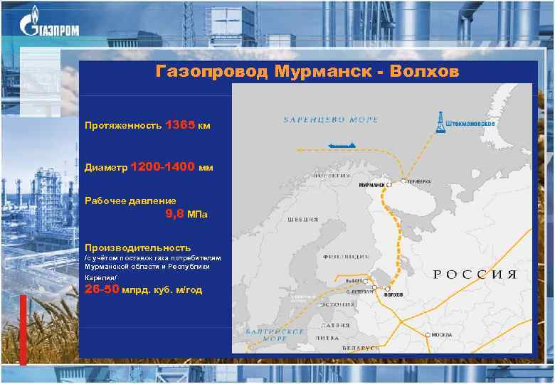 Газопровод Мурманск - Волхов Протяженность 1365 км Диаметр 1200 -1400 мм Рабочее давление 9,